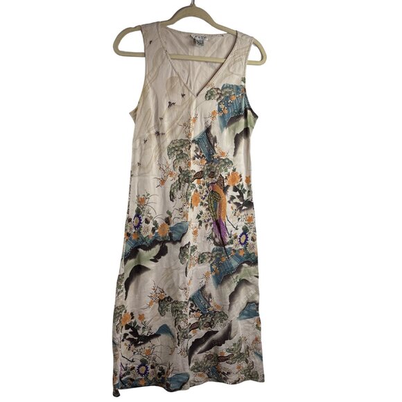 Vintage Citron Santa Monica Sleeveless Dress Midi Silk Blend Asian Motif Size M - Picture 1 of 7